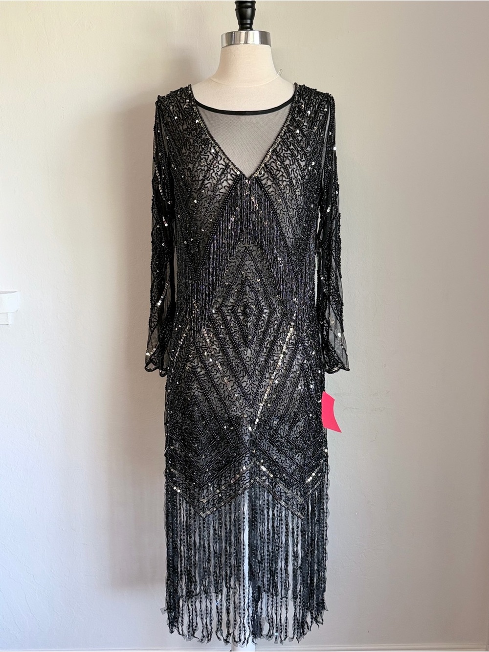 GatsbyLady Hand Beaded V-Neck Fringe Flapper Evening Dress, Black Mesh Sz 12 NWT